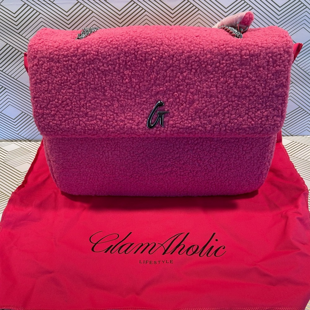 Glamaholic large pink teddy flap bag